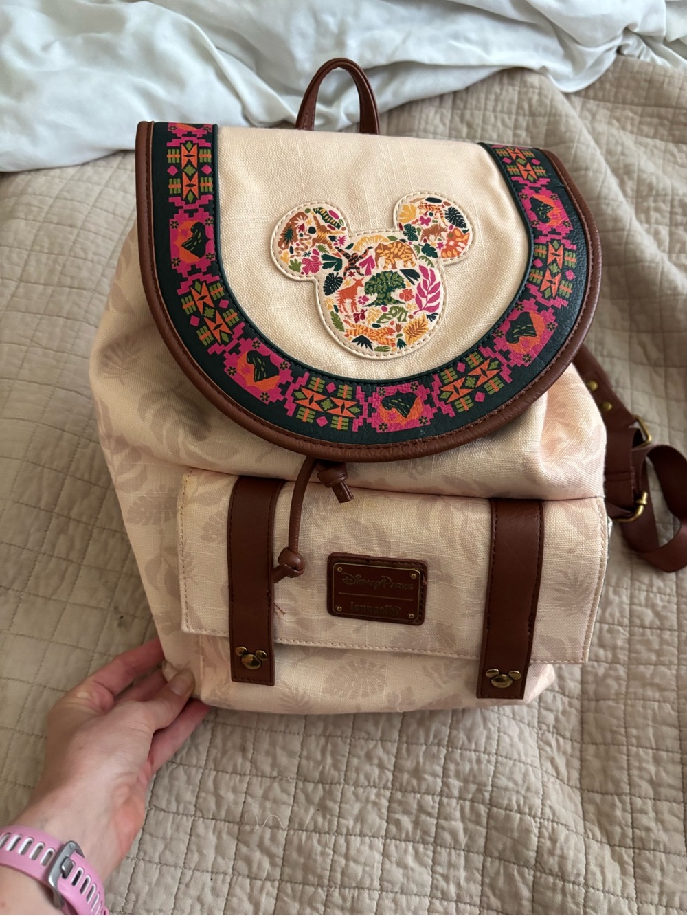 Loungefly Disney Cream Floral Mickey Animal Kingdom Backpack with Brown Trim